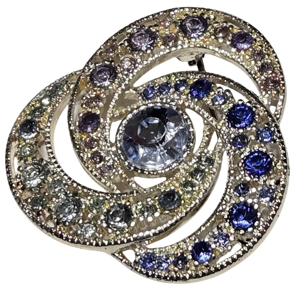 Liz Claiborne Blue Purple Rhinestone Swirl Brooch Pin with Box